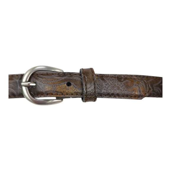 Brown Embossed Leather Belt With Floral Design & Silver Buckle Size 14 - Picture 12 of 12